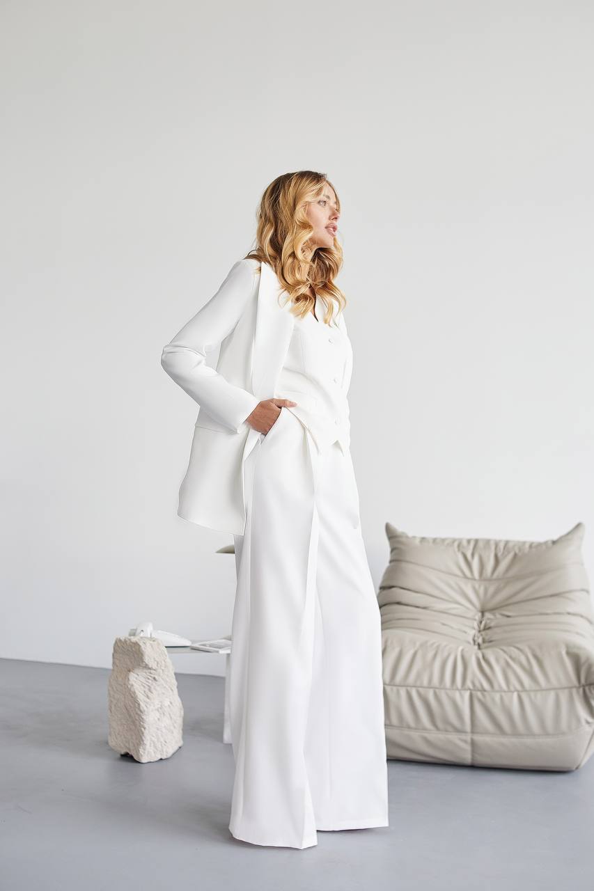 White Three Piece Womens Suit Premium Diagonal Crepe Lined Vest Jacket Trousers