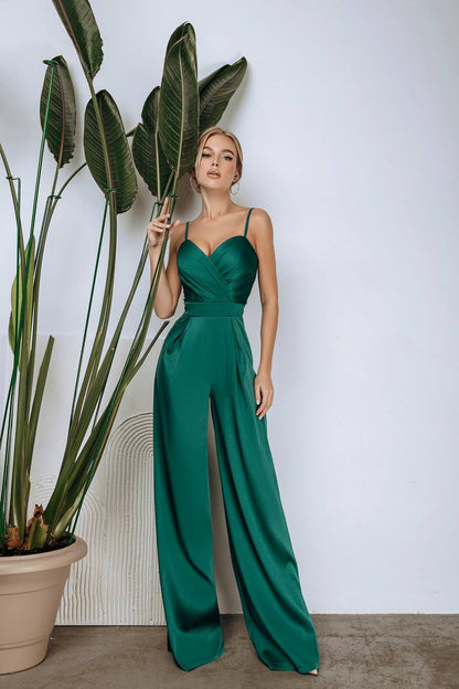 Women Mango Satin Jumpsuit Wide Leg Strappy Emerald Green