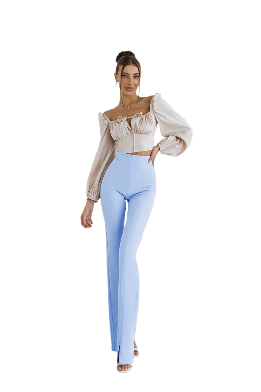 Womens Pants with Slits in Light Blue Diagonal Crepe