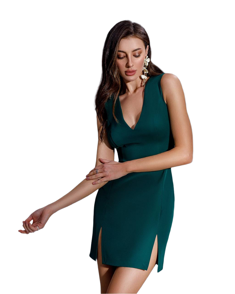 Woman wearing a green dress on a white background