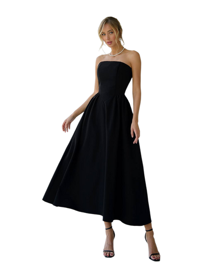 Elegant Black Strapless Midi Dress in Premium Crepe Fabric