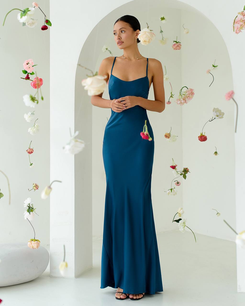 Long Satin Dress Slip for Women in Blue Premium Pandora Fabric