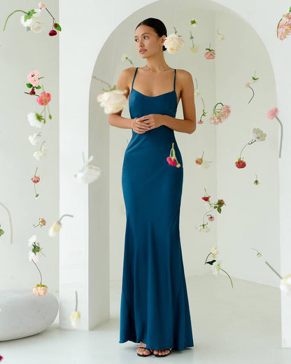 Long Satin Dress Slip for Women in Blue Premium Pandora Fabric