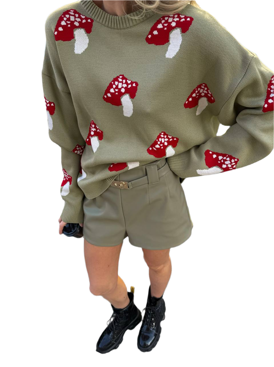 Person wearing a green sweater with red mushroom patterns and beige shorts on a white background