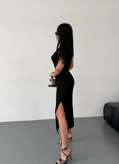 Greta Black Sleeveless Midi Dress with Side Slit for Women