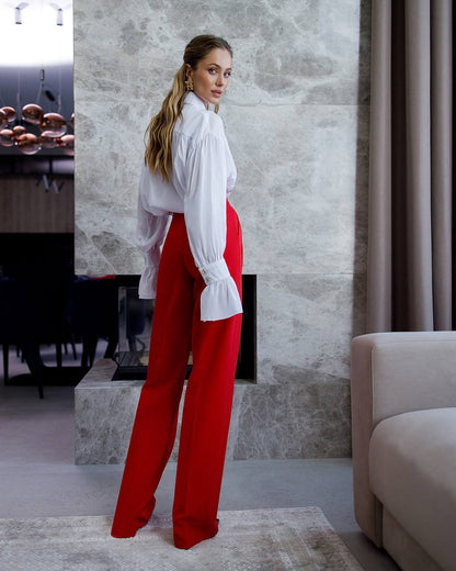 Women's High Waist Wide Leg Trousers in Suiting Crepe Diagonal Fabric