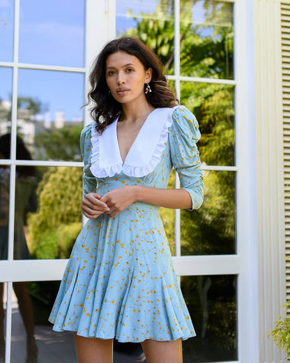 Woman wearing a light blue dress with white collar standing in front of a window with a garden view.