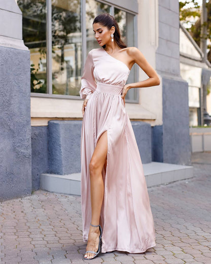 Elegant One-Shoulder Long Evening Dress in Premium Silk