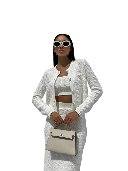 Luxurious Women's Tweed Suit with Bandeau Top and High Waist Midi Skirt