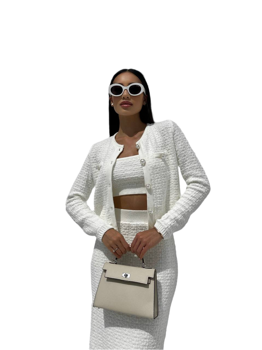 Luxurious Women's Tweed Suit with Bandeau Top and High Waist Midi Skirt