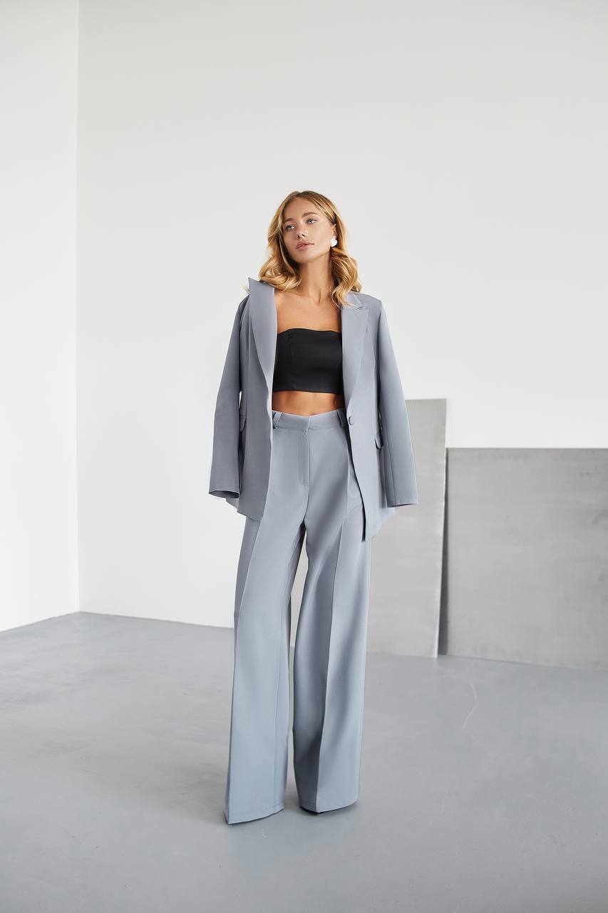 Gray Palazzo Suit Women Diagonal Crepe Tailored Blazer and Wide Leg Trousers