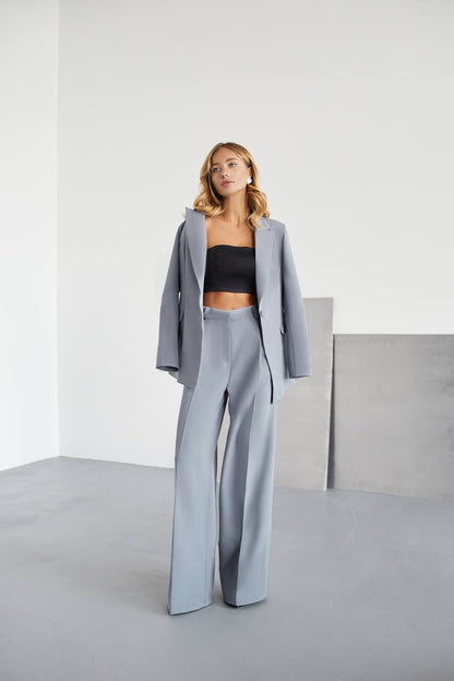 Gray Palazzo Suit Women Diagonal Crepe Tailored Blazer and Wide Leg Trousers