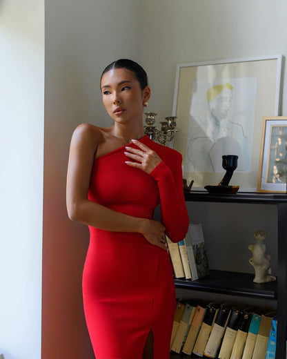 Woman in a red dress standing indoors with a shelf and artwork in the background
