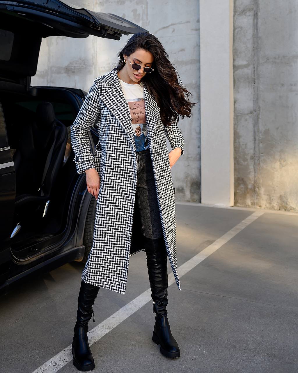 Womens Houndstooth Turkish Coat with Belt