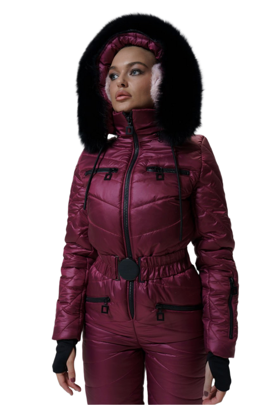 Womens Insulated Ski Jumpsuit with Natural Fox Fur Hood Maroon