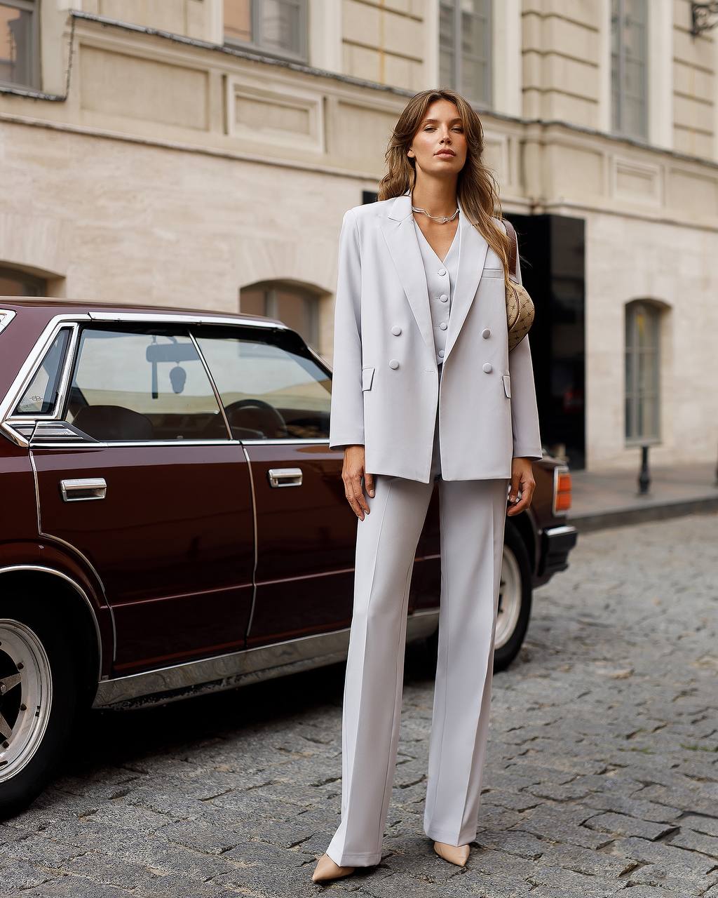 Womens White Three Piece Suit Premium Crepe Diagonal Fabric