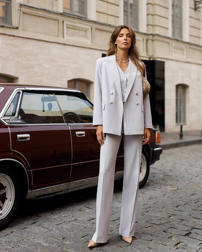 Womens White Three Piece Suit Premium Crepe Diagonal Fabric