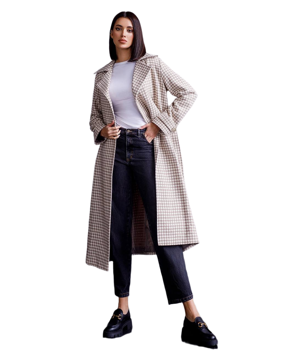 Womens Turkish Fabric Houndstooth Pattern Long Coat with Belt