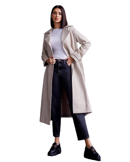 Womens Turkish Fabric Houndstooth Pattern Long Coat with Belt