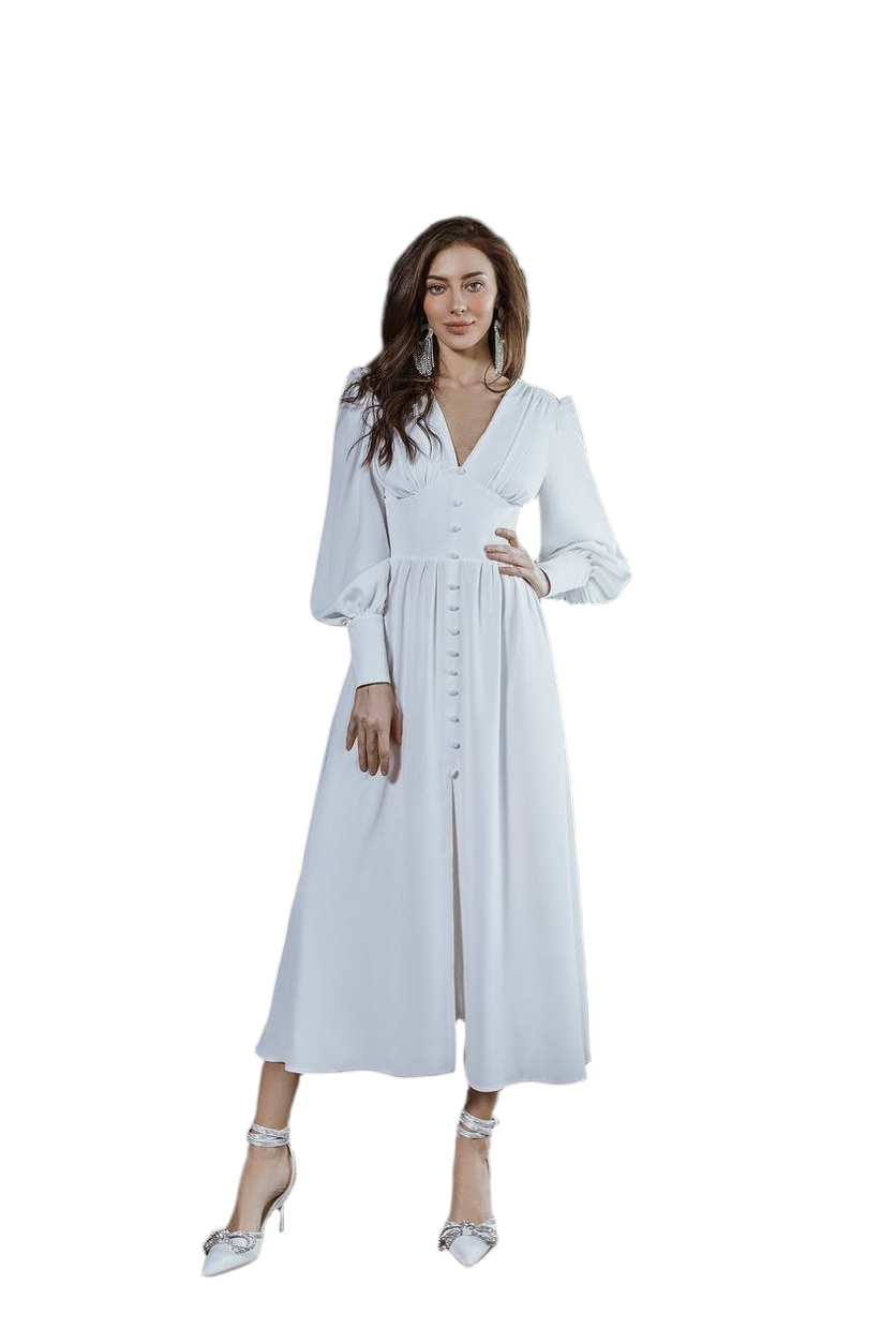 Elegant White Crepe Silk Midi Dress with Buttons and Long Sleeves
