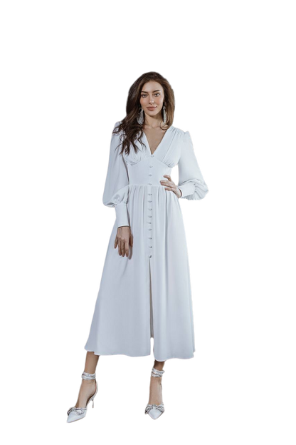 Elegant White Crepe Silk Midi Dress with Buttons and Long Sleeves