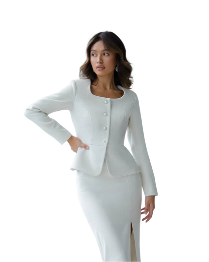 Elegant White Tweed Suit for Women Jacket and Skirt Set