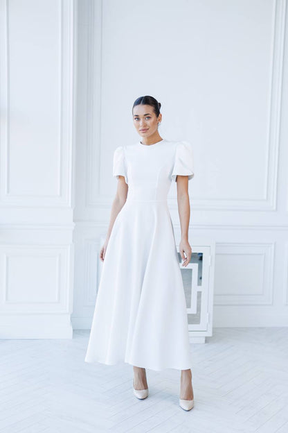 Elegant White Dress with Puff Sleeves for Women