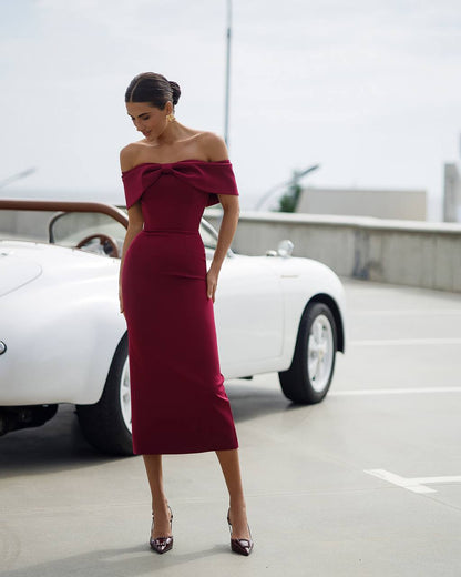 Elegant Burgundy Off Shoulder Midi Dress with Corset Detail