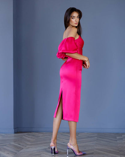 Midi Corset Dress in Satin with Off-Shoulder Puff Sleeves