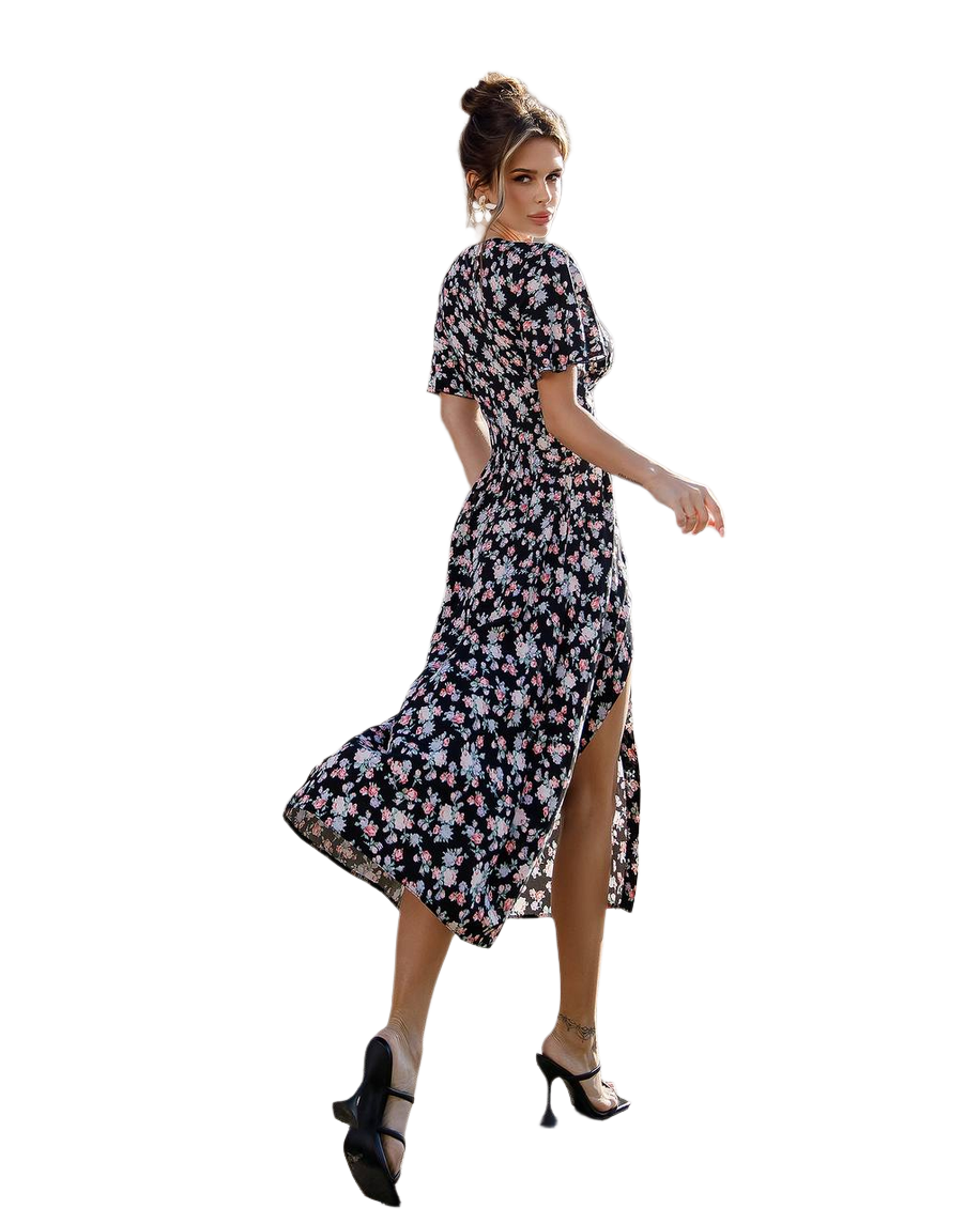 Woman wearing a floral dress with a white background