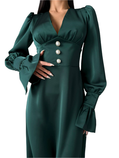 Elegant Satin Green Dress for Women with Long Sleeves and Pearl Buttons
