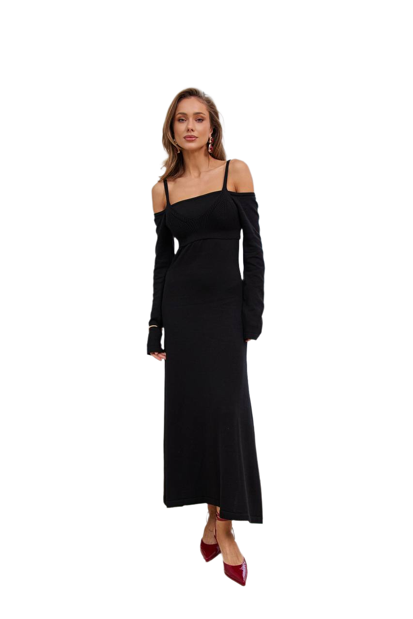 Women Black Dress with Removable Top, Long Sleeve Maxi Dress