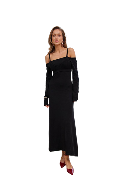 Women Black Dress with Removable Top, Long Sleeve Maxi Dress