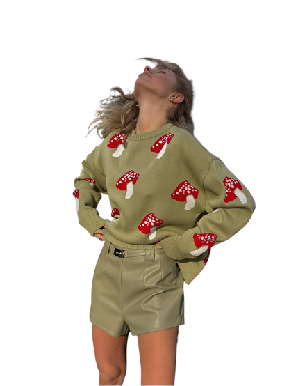 Women Green Mushroom Pattern Knit Jumper Long Sleeve Sweater