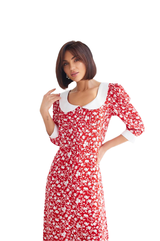 Red Floral Midi Dress with White Collar and Cuffs
