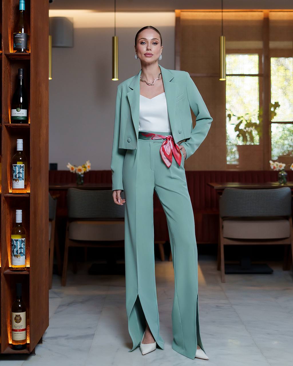 Womens Cropped Jacket Suit With High Waist Slit Trousers