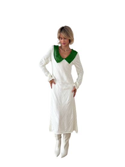 Elegant White Dress with Green Collar for Women
