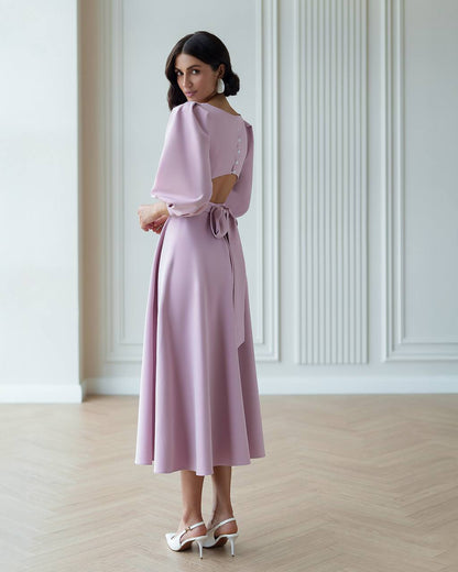 Elegant Midi Dress in Premium Diagonal Suiting Crepe with Puff Sleeves and Back Cutout