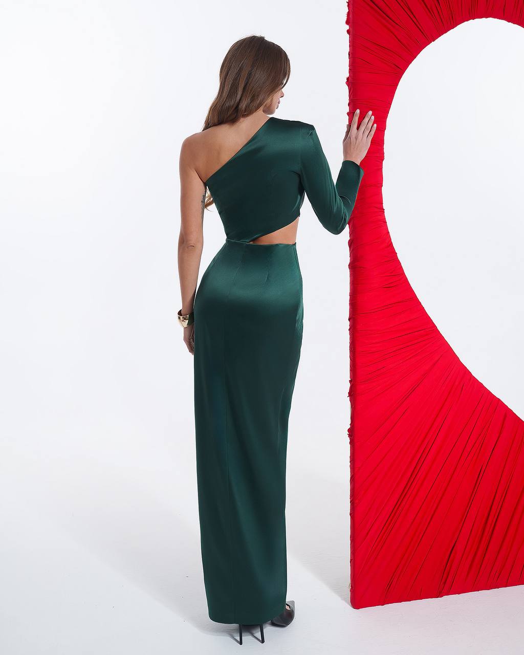 Elegant One Shoulder Maxi Dress in Premium Mango Satin
