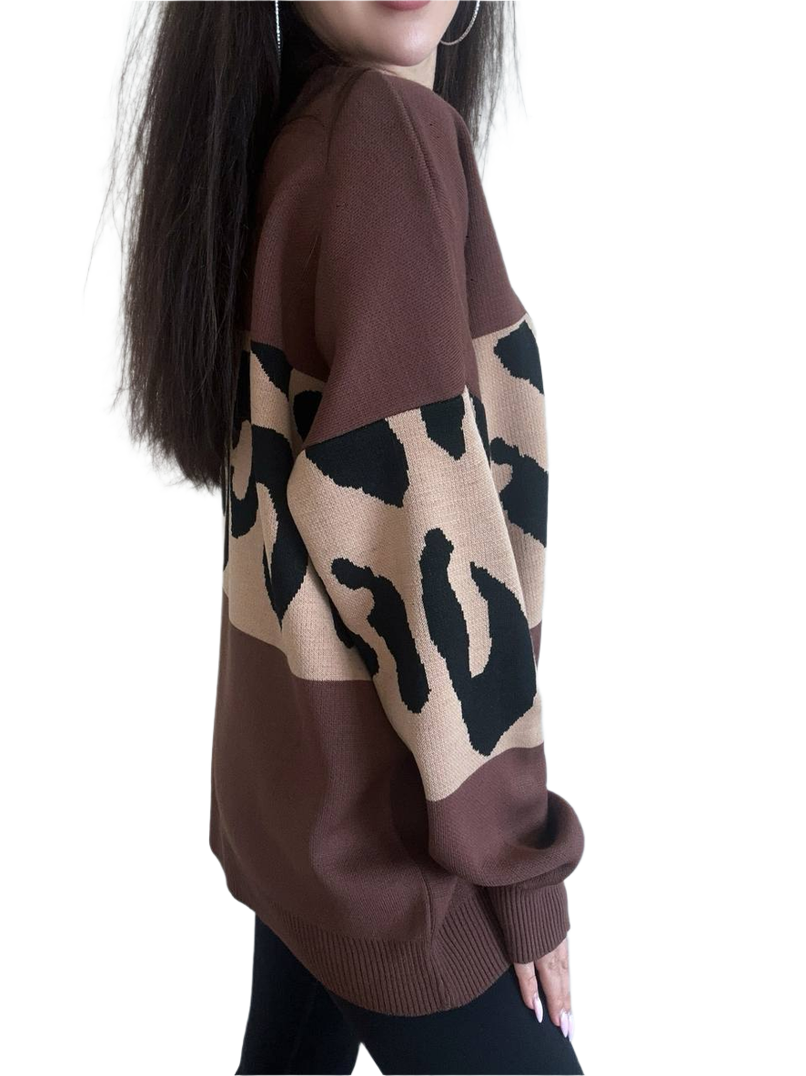 Brown sweater with black and beige leopard print pattern on a white background