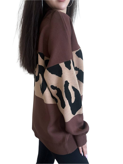 Brown sweater with black and beige leopard print pattern on a white background