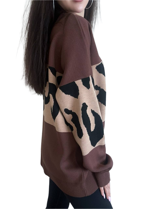 Brown sweater with black and beige leopard print pattern on a white background