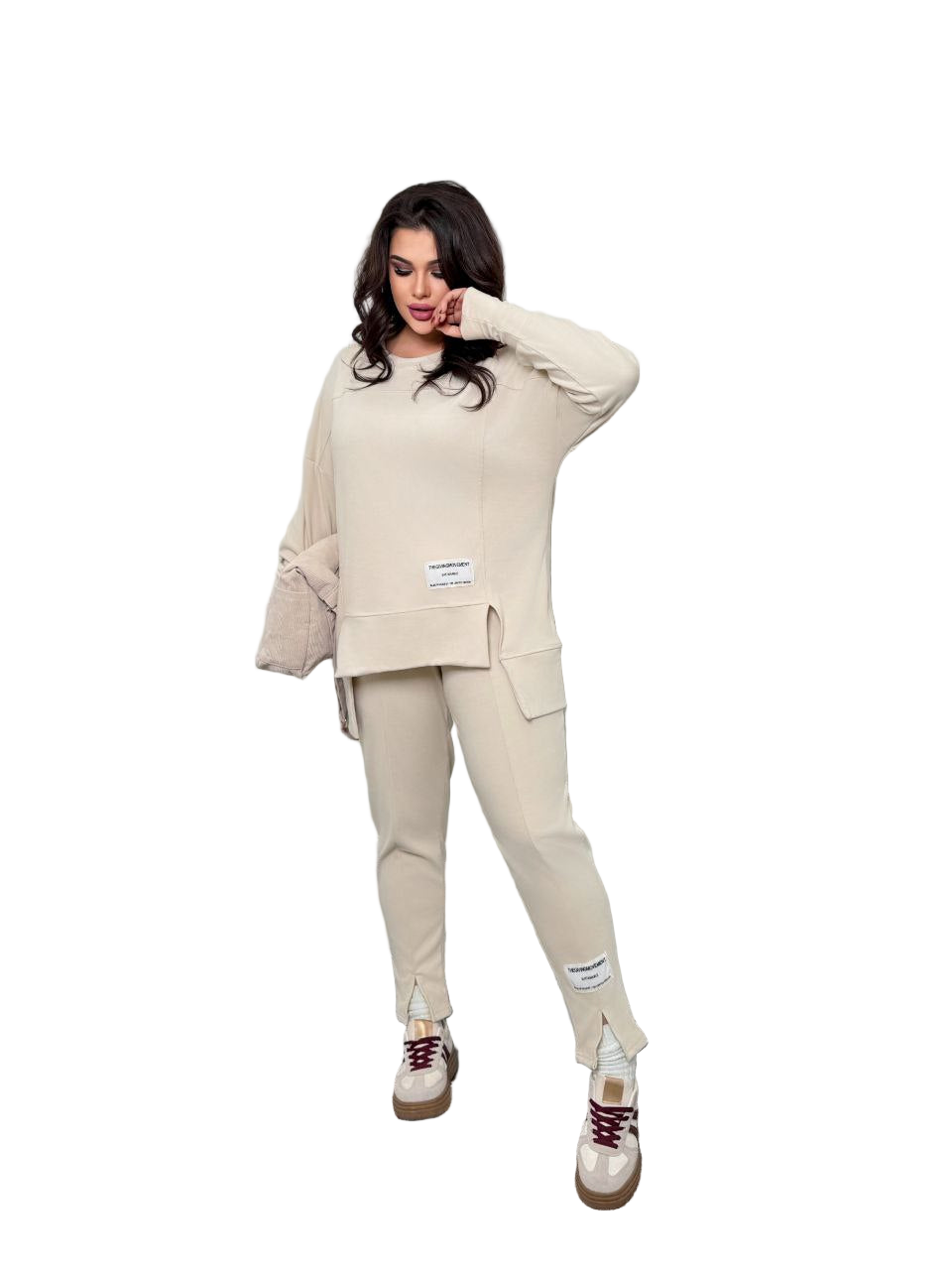 Beige Plush Microfleece Tracksuit Women Plus Size Warm Oversized Set