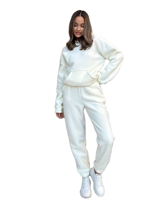 Women White Polar Fleece Tracksuit Warm Sweatshirt and Joggers Cozy Loungewear