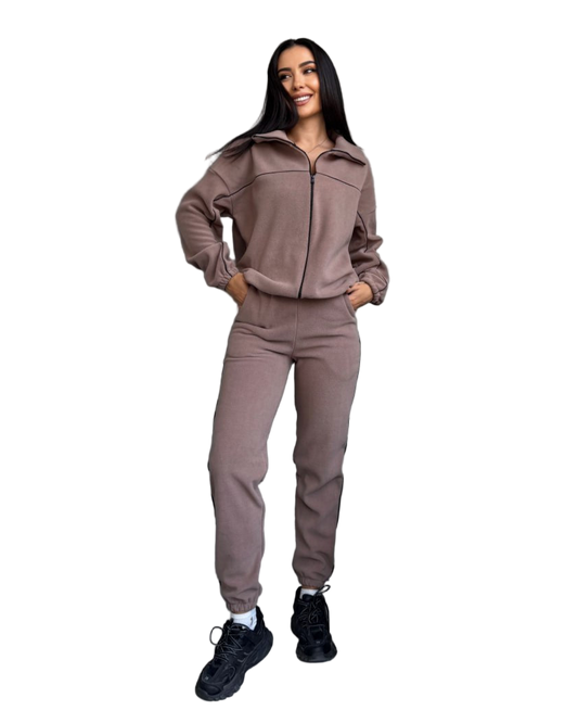 Women Taupe Tracksuit Turkish Fleece Zip Jacket and Jogger Pants Piped Trim