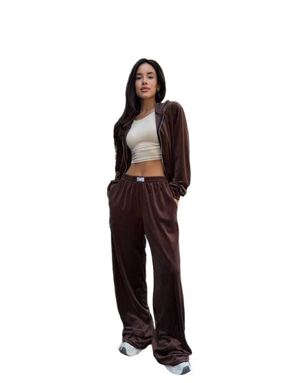 Brown Velour Tracksuit with Hooded Zip Jacket and Palazzo Pants