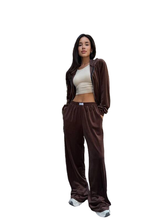 Brown Velour Tracksuit with Hooded Zip Jacket and Palazzo Pants