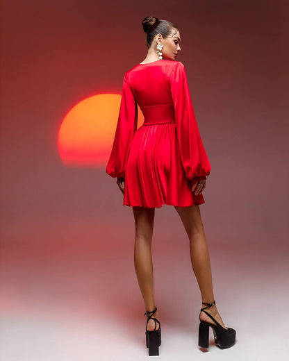 Elegant Red Thick Silk Dress with Long Balloon Sleeves