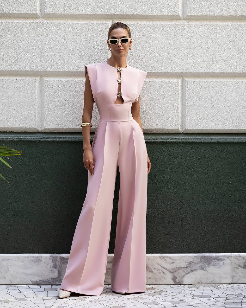 Womens Tailored Wide Leg Jumpsuit with Statement Neckline