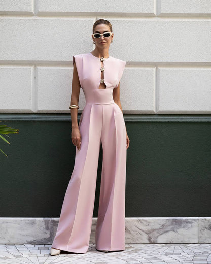 Womens Tailored Wide Leg Jumpsuit with Statement Neckline